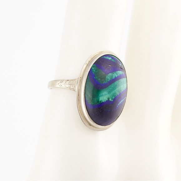 Vintage 14K White Gold Azurite Malachite Ring Size 8 Blue Green Oval Cabochon - Picture 8 of 9